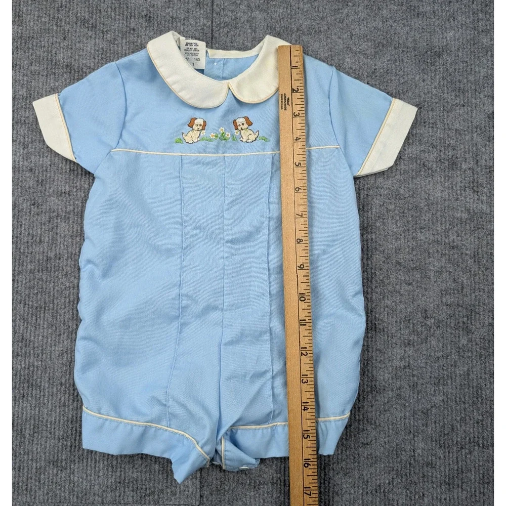 Vintage Baby Romper Boys 1 One Piece Retro Preppy Embroidered Puppy Novelty